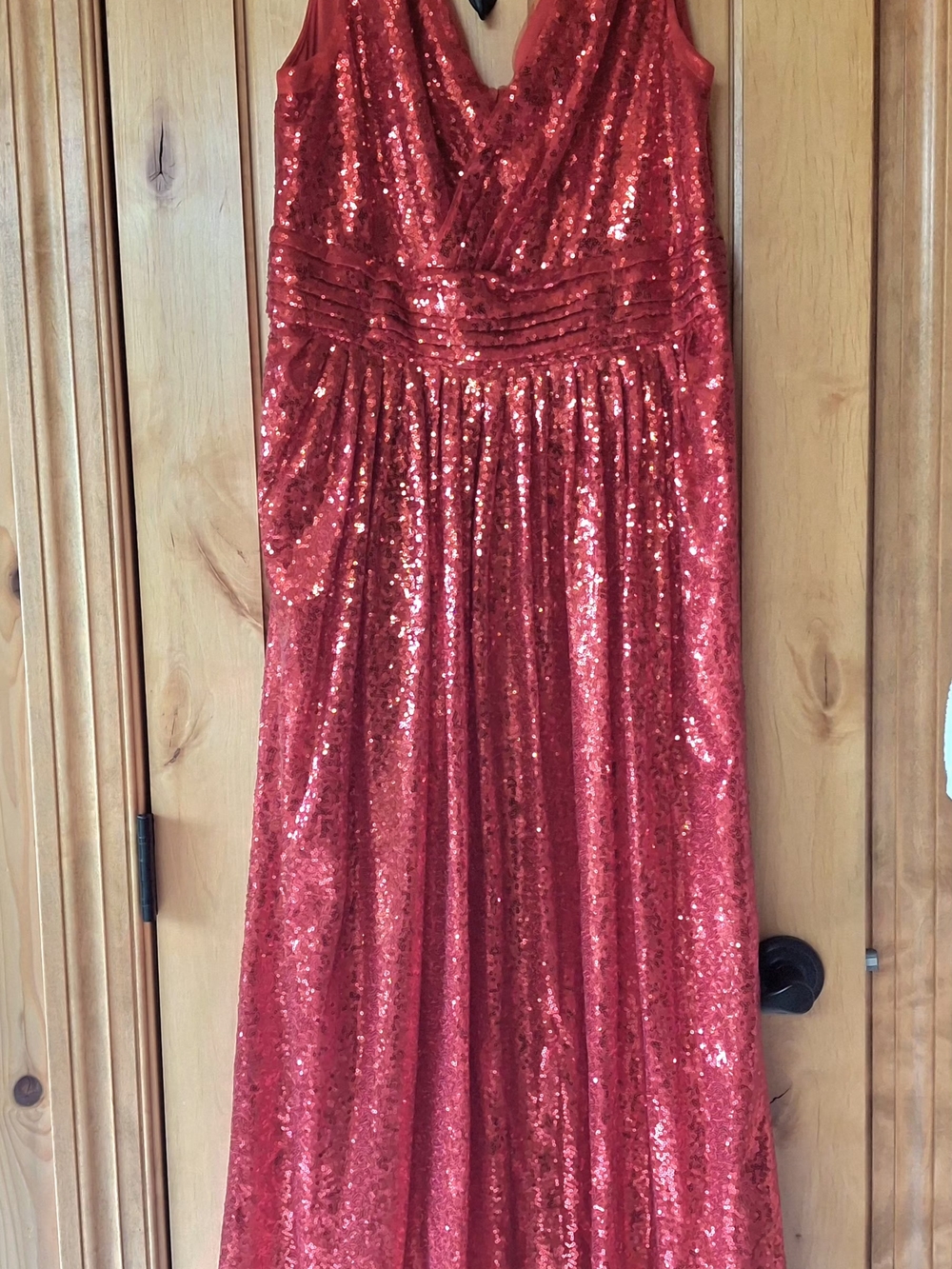Red Sequin V-Neck Maxi Dress with Pleated Waist Detail